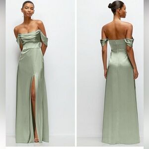 After Six Dessy A-Line Satin Off Shoulder/Strapless Sage Green  Maxi Dress NWT 4